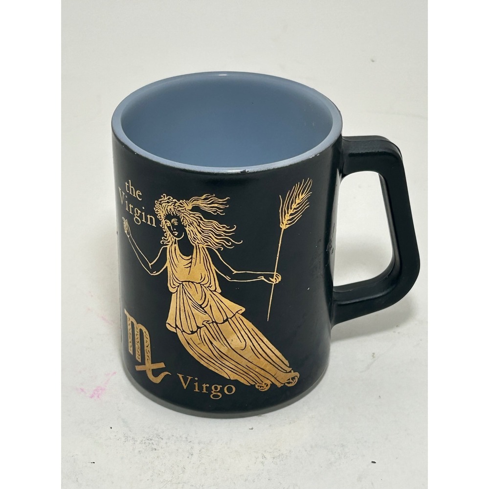 Federal Glass Virgo Zodiac‎ Mug Black Gold Milk Glass Vintage Astrology 4in
